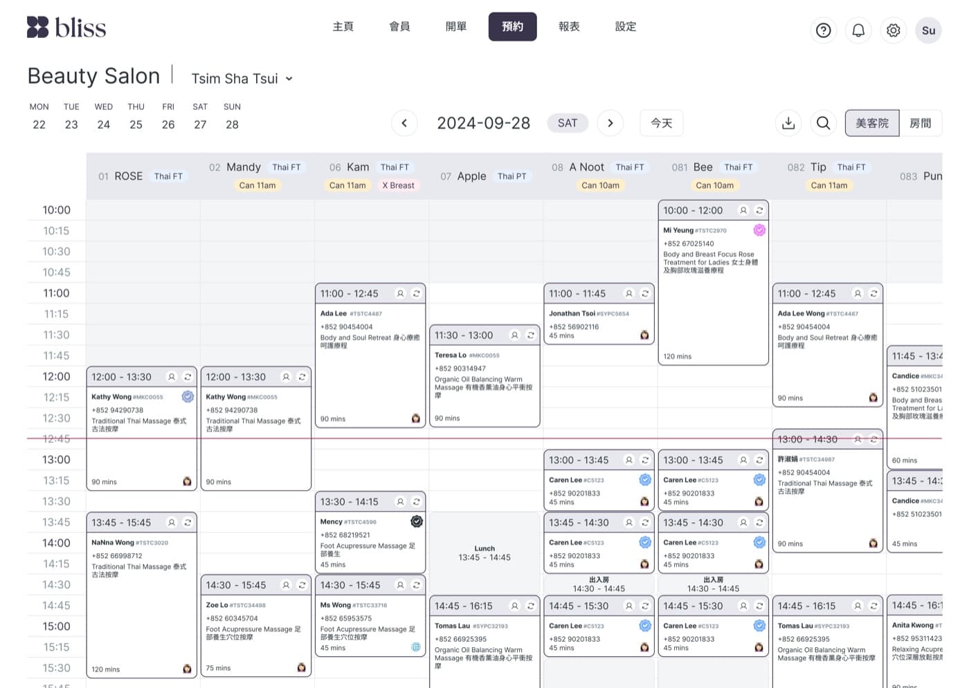 Bliss back office day view: one column per therapist, bookings laid out across the day